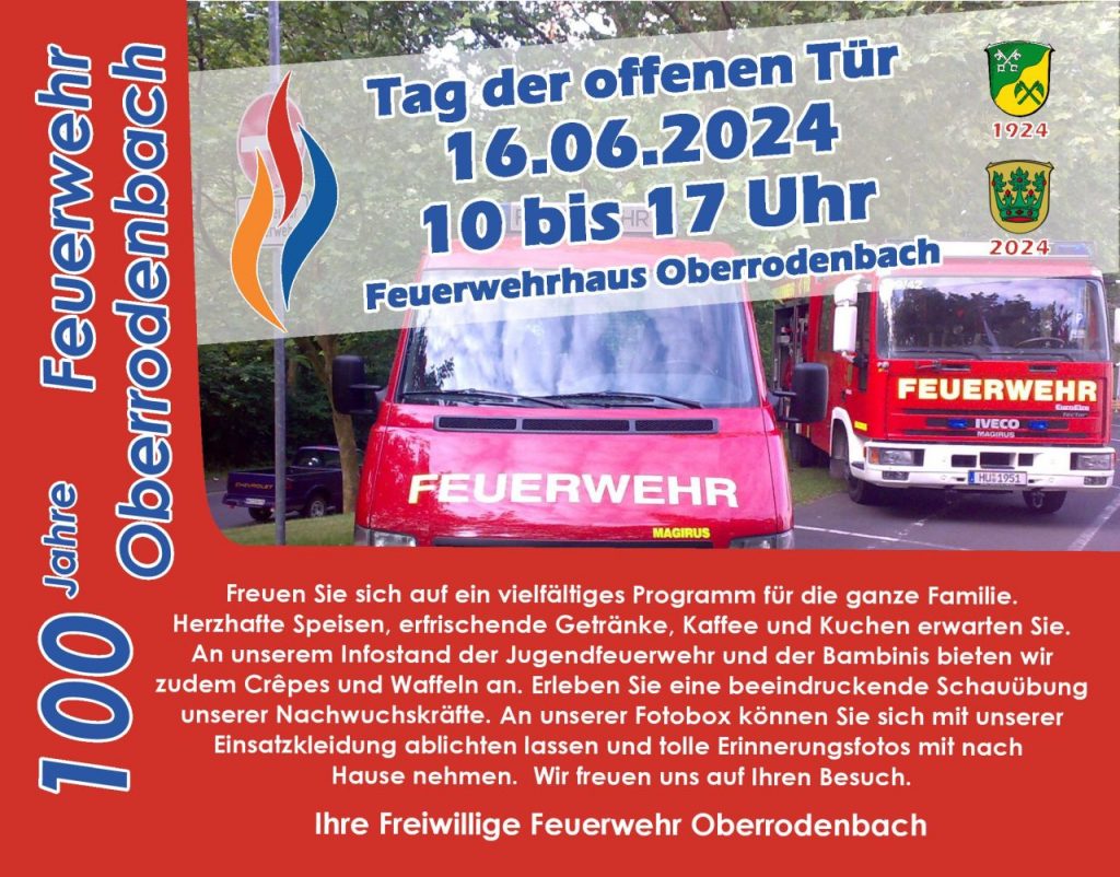 Die Feuerwehr Oberrodenbach lädt Sie herzlich ein, gemeinsam mit uns, das 100-jährige Jubiläum zu feiern. Anlässlich dieses besonderen Ereignisses öffnen wir unsere Tore für einen unvergesslichen Tag der offenen Tür am 16.06. von 10 bis ...